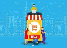 E-commerce cart concept. people using mobile gadgets such as tablet and smartphone for online purchasing and ordering goods. Vector illustration in flat style