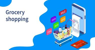 Online Grocery shopping concept. Isometric Shopping cart with fresh food and drink.Order food, grocery online from app by smart phone. Vector illustration in flat style