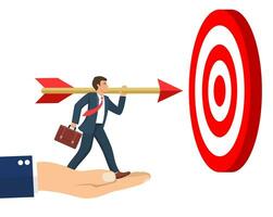 The hand is lifting the businessman to reach his goal. Businessman aim arrow to target. Goal setting. Smart goal. Business target concept. Vector illustration in flat style