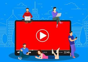 Video concept. people using mobile gadgets, tablet pc and smartphone for live watching a video via internet. Vector illustration in flat style