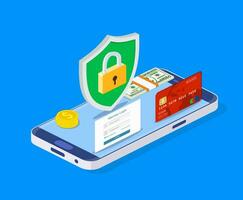 Isometric online payment protection system. Smartphone and credit card. Mobile data security. Secure bank transaction with password verification via internet. Vector illustration in flat style.