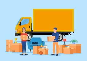 Delivery service concept. moving house. Family moving concept. Happy cartoon couple carries things out of the truck. Man holding box. Relocate to new home or office. Vector illustration in flat style
