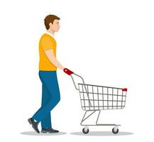man pushing supermarket shopping cart. isolated on white background. Vector illustration in flat style