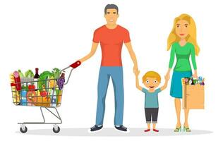 familia compras caracteres colocar, compras, aislado en blanco. grupo gente. centro comercial compras, en línea compras, sano comiendo, familia con comida desde el supermercado. vector ilustración en plano estilo