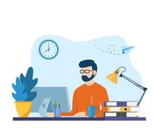 man working on internet using laptop and drinking coffee. work at home. education or working concept. Table with books, lamp, coffee cup. Vector illustration in flat style
