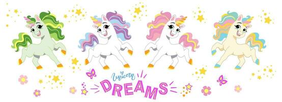 colección de linda dibujos animados unicornio en un blanco antecedentes vector