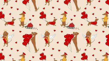 Dackel Hunde zieht ein Herzen, Valentinsgrüße Animation Schleife Hintergrund. Video eben Karikatur Animation Design Element. 4k Video Aufnahmen