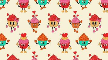 retrò impostato Cupcake 30s cartone animato mascotte personaggi animazione ciclo continuo sfondo. video piatto cartone animato animazione design elemento. 4k video metraggio