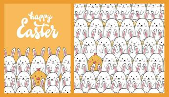 Easter collection of greeting card and seamless pattern decorated with lettering quote, doodled bunnies and chicks on yellow background. Good for posters, prints, banners, wrapping paper, etc. EPS 10 vector