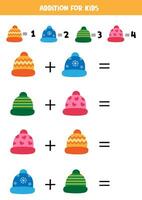 Addition for kids with different cute colorful winter caps. vector