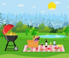 Summer picnic concept with basket full of products. Vector illustration in flat style