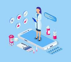 Isometric online doctor consultation, healthcare, medical concept. Web design vector template. Online medical support. Healthcare services, Vector illustration in flat style