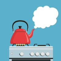 Kitchen kettle on the gas stove with thought bubble. can be used on websites, UI, UX, web and mobile phone apps. Vector illustration in flat style.