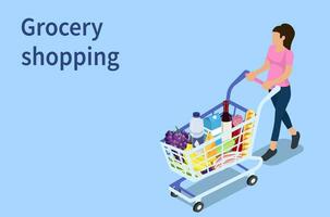 Isometric woman with shopping cart. Shopping and Supermarket concept, Can use for web banner, infographics. Vector illustration in flat style