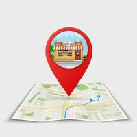 The best location bakery. Folded maps with color Point on the map with building. Vector illustration in flat style