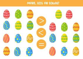 Grater, less or equal with cartoon colorful Easter eggs. vector