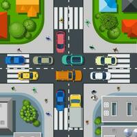 Top view of the city. Urban crossroads with cars and houses, pedestrians. Background town map pattern streets, intersection, roof and buildings. Vector illustration in flat style