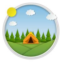 Paper cut summer landsape. Landscape with yellow tent, forest on the background. Adventures in nature, vacation, and tourism vector illustration.