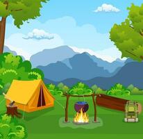 Tourist tent on the background of mountain and wood. vector illustration in flat design