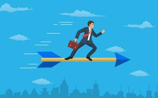 Businessman standing on arrow flying go to target goal. Vector illustration in flat style