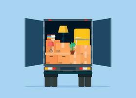 Delivery service concept. moving house. Open delivery truck with furnitures and cardboard boxes. Delivery truck with a bunch of boxes. Vector illustration in flat style