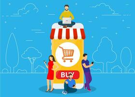 E-commerce cart concept. people using mobile gadgets such as tablet and smartphone for online purchasing and ordering goods. Vector illustration in flat style
