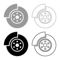 Car brake disk part gear system set icon grey black color vector illustration image solid fill outline contour line thin flat style