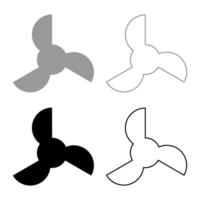 Screw of ship propeller fan turbine three-bladed set icon grey black color vector illustration image solid fill outline contour line thin flat style