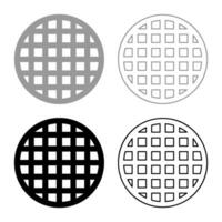 Grating grate lattice trellis net mesh BBQ grill grilling surface round shape set icon grey black color vector illustration image solid fill outline contour line thin flat style