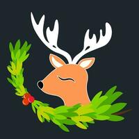 Deer with a wreath of fir branches. Vector illustration.