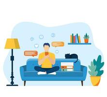 man using phone, sitting legs crossed on chair at home. man running remotely on freelance, job on smartphone, communicates through social networks. Vector illustration in flat style
