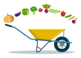 Garden cart with eggplant, tomato, beetroot, zucchini, pepper, cucumber, carrot. Natural and tasty food. Organic farm products. Metal wheelbarrow and vegetables. Vector illustration in flat style