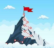 Mountain climbing route to peak. Top of the mountain with red flag. Business success concept. Vector illustration in flat style