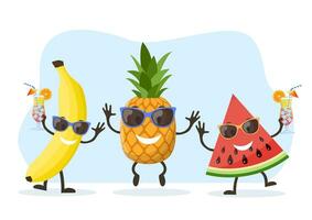 Funny watermelon, banana and pineapple character with human face and cocktail glass having fun at party. Colorful summer design. Vector illustration in flat style