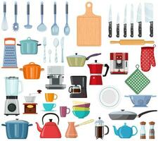 kitchen tools set icon. Kitchenware collection. Lots of kitchen tools, utensils, cutlery. Web page design template Poster banner website, UI, UX, mobile phone apps. Vector illustration in flat style.