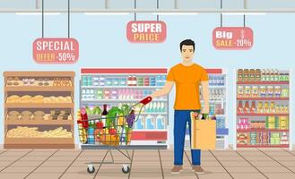 man shopping in supermarket. shopping cart. man hold grocery paper shopping bag with food. Vector illustration in flat style