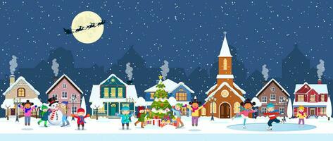 happy new year and merry Christmas winter old town street. christmas town city panorama. Santa Claus with deers in sky above the city. Vector illustration in flat style