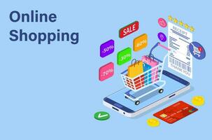 Isometric Smart phone online shopping concept. Online store, shopping cart icon. Ecommerce. Vector illustration in flat style