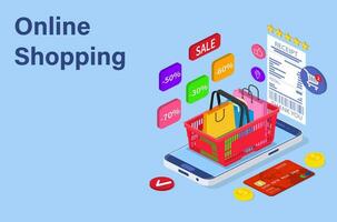 Online shopping concept. Buy in retail shop by internet. Discount sale. Vector illustration in flat style.