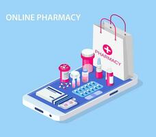 Healthcare, pharmacy and medical concept. Online phone with pills, capsules blisters, glass bottles, plastic tubes. Web banner landing page. 3d isometric design. Vector illustration in flat style