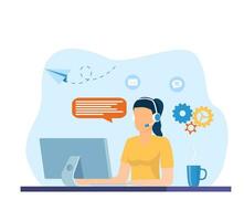 woman with headset is sitting at his computer. Clients assistance, call center, hotline operator, consultant manager, technical support and customer care. Vector illustration in flat style