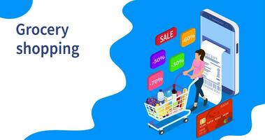 Isometric woman with shopping cart. Shopping and Supermarket concept, Can use for web banner, infographics. Vector illustration in flat style