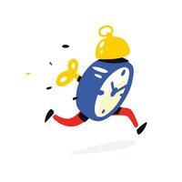 Cartoon character running alarm clock. Vector illustration. Time is up. The clock is running. Image is isolated on white background. Flat illustration for banner, print and website. Mascot company.