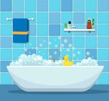 Bathtub with foam bubbles inside and bath yellow rubber duck. vector