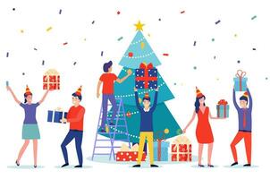 People set christmas tree decoration and give present to each other. celebrate new year. use for, landing page, template, ui, web, homepage, poster, banner, flyer. Vector illustration in flat style