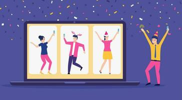 en línea fiesta, cumpleaños, reunión amigos. personas bebida vino juntos en cuarentena. vídeo charlar. cumpleaños fiesta web cámara y en línea día festivo. vector ilustración en plano estilo