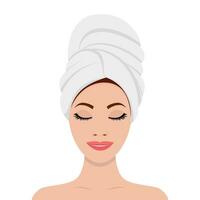 mujer con un toalla en su cabeza. spa belleza y salud concepto. vector ilustración en plano estilo