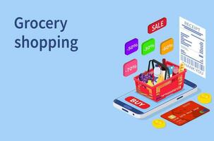 Grocery shopping online isometric concept. Can use for web banner, infographics. Vector illustration in flat style