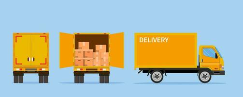Delivery truck isolated on blue background. Side and back view. Express delivering services commercial truck. Fast and free delivery by car. Vector illustration in flat style