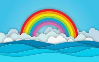 mar vista. nube y arco iris en el azul cielo. papel cortar y arte estilo. azul mar olas blanco aire nubes papel Arte estilo de cubrir diseño. vector ilustración